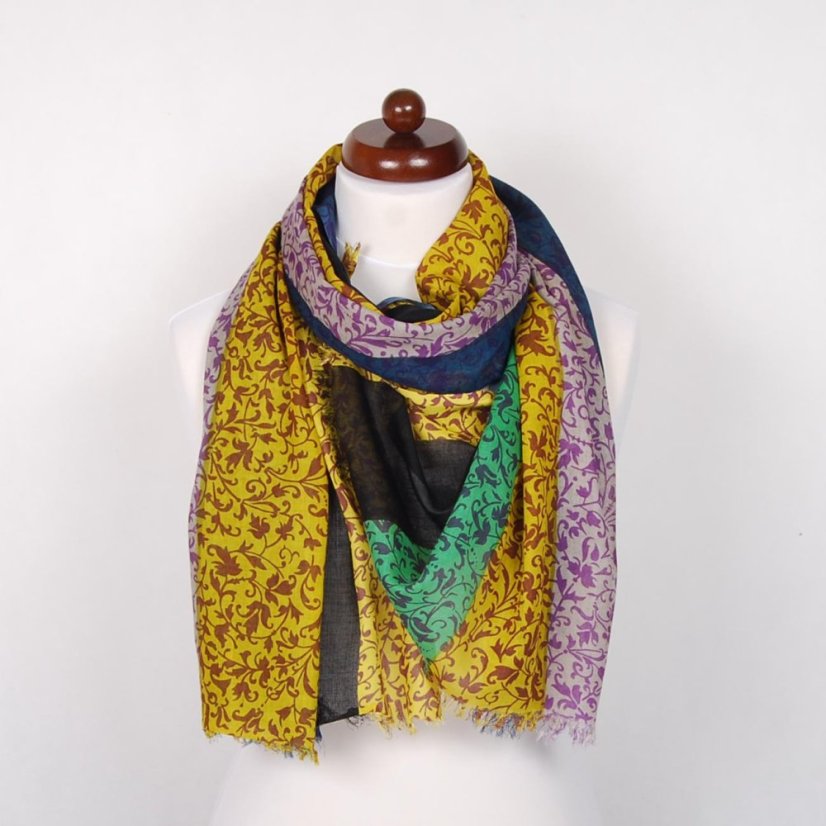 Schal aus Viskose dünn mit Schwarz, Gelb und Dunkellila