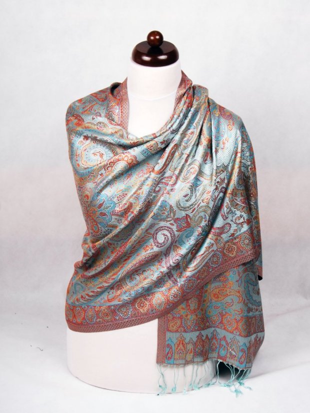 Seidenschal Super groß hellblau mit Rot