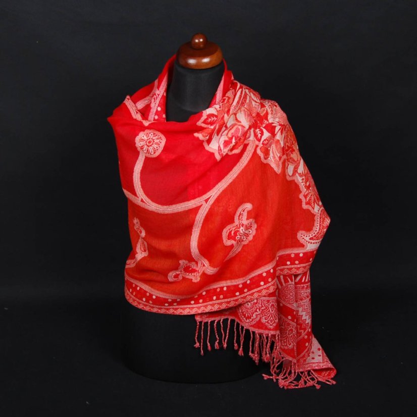 Šál z merino vlny červený s bielou a oranžovou farbou