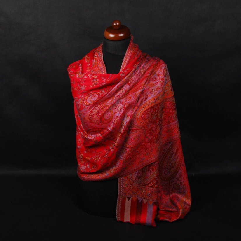 Schal aus Viskose und Seide Khani Jamawar rot mit Gelb und Grau