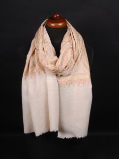 Kašmírská vlněná šála vyšívaná hedvábím světle béžová se zlatou a světle hnědou