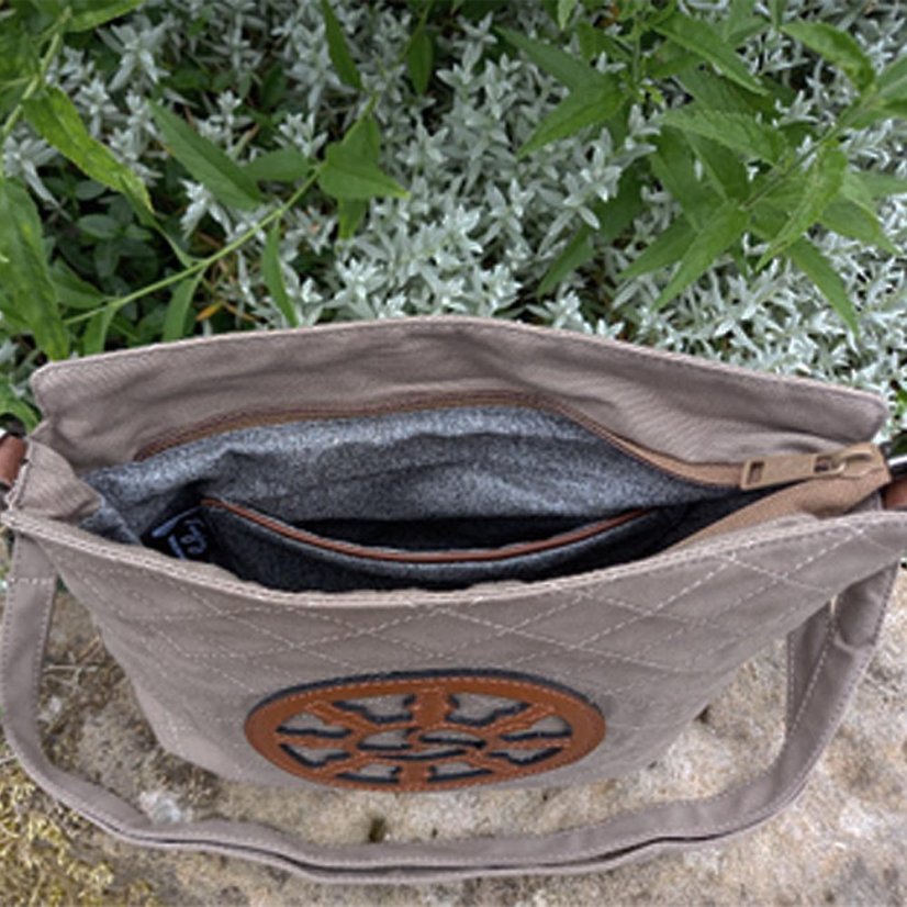 Tibetská kabelka crossbody Tharpa Khorlo šedohnedá