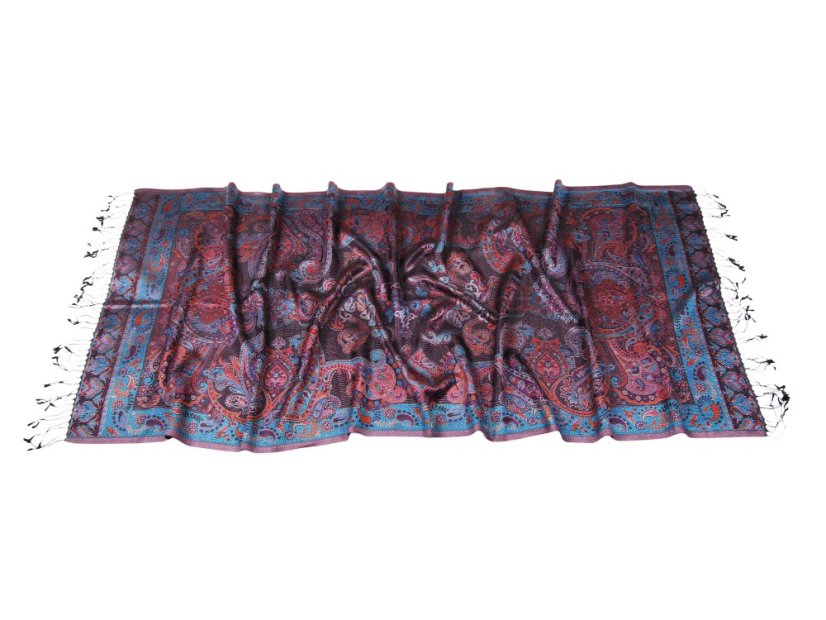 Hedvábná šála Super velká černá s oranžovou a tyrkysovou