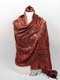 Hodvábny šál Super veľký Norbu tmavohnedý s červenou a čiernou