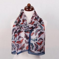 Hedvábná šála s potiskem s motýlky světle šedo-červeno-tmavě modrá