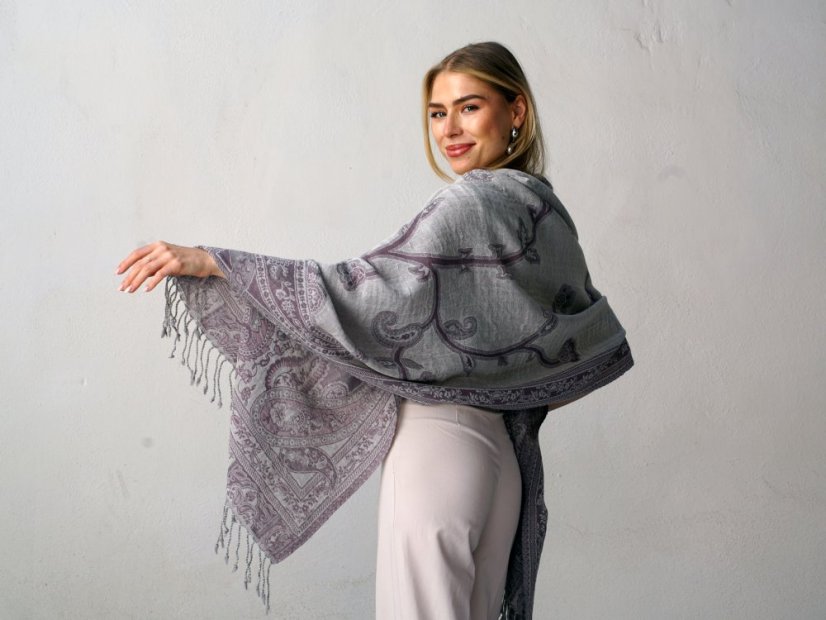 Šála z merino vlny šedofialovo-smetanová