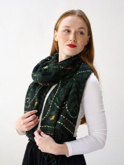 Šála z merino vlny s vyšíváním tmavě zelená