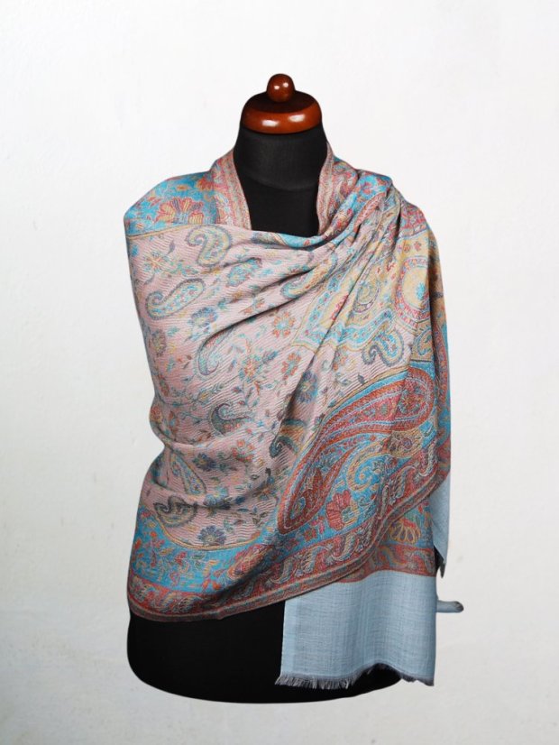 Kašmírska vlnená pašmína Khani Jamavar exclusive so svetlomodrou a tyrkysovou farbou