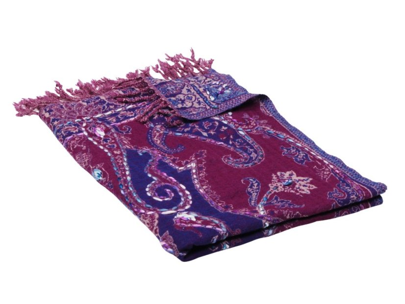 Šál z merino vlny s vyšívaním fialovo-modrý