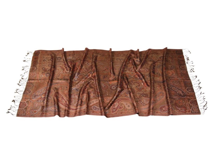 Hodvábny šál Super veľký šedohnedý s tmavooranžovou a tmavomodrou farbou