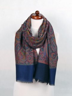 Kaschmirische Pashmina Khani Jamawar exklusiv mit Dunkelblau, Magenta und Gelb