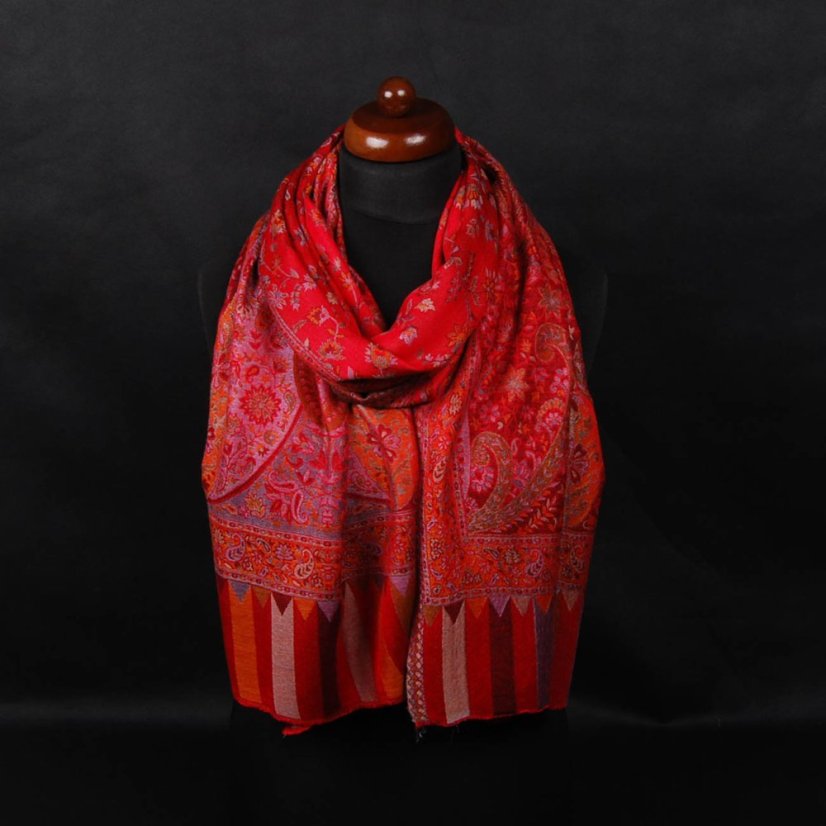 Schal aus Viskose und Seide Khani Jamawar rot mit Gelb und Grau