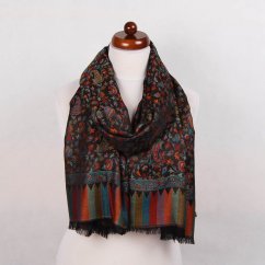 Šála z viskózy a hedvábí Khani Jamavar černá s červenou a tyrkysovou