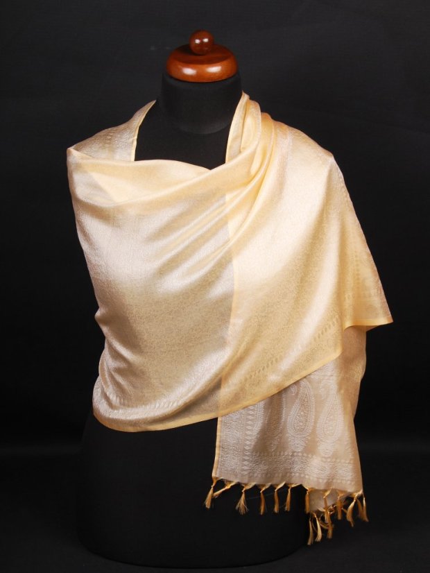 Seidenschal aus Varanasi in Aprikosenfarbe mit Weiß