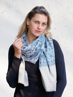 Kaschmirische Pashmina hellgrau mit Seide-Stickerei in Petrol-Farbe