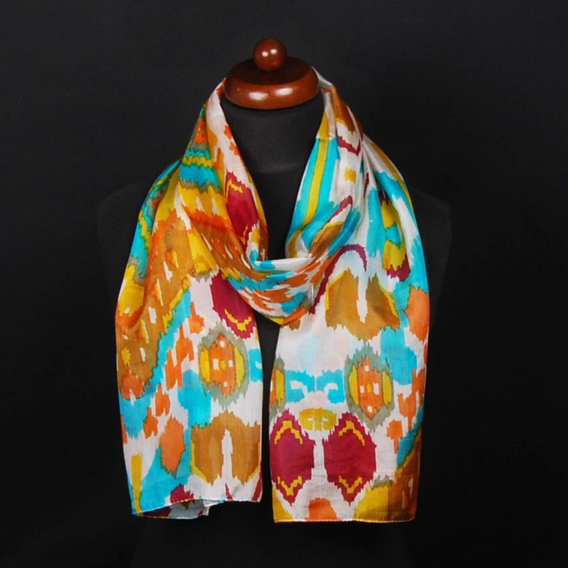 Seidenschal mit Aufdruck mit Orange, Gelb und Türkis