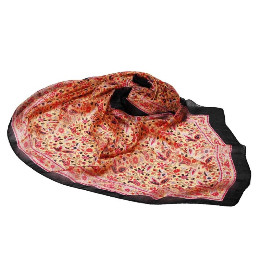 Hedvábná šála s potiskem světle oranžová s červenou a černou