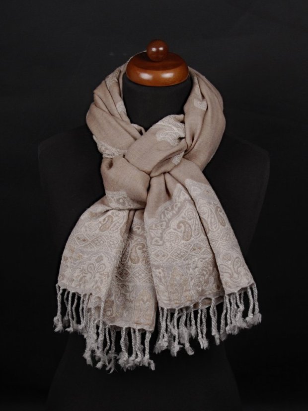 Schal aus Merinowolle graubraun mit Cremefarbe