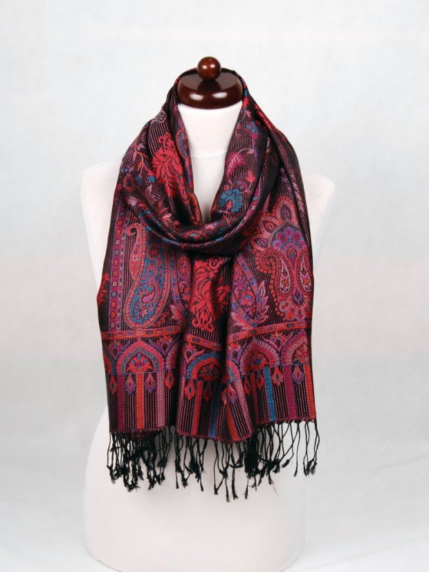 Hodvábny šál Super veľký Tsewang čierny s magentou a oranžovou