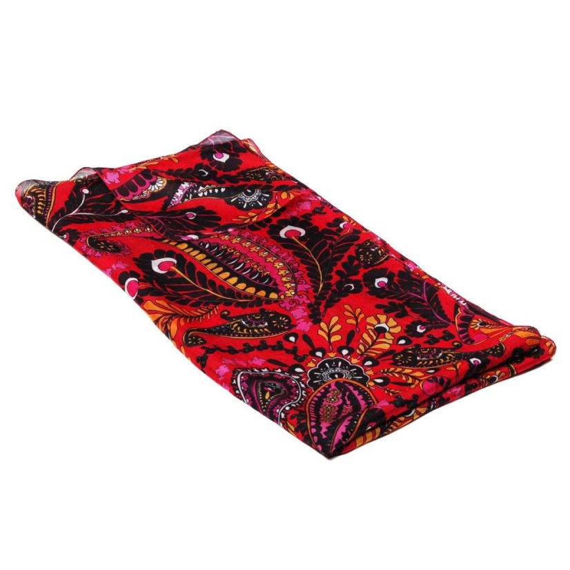 Hodvábny šál s potlačou tmavočervený s čiernou a žltou farbou