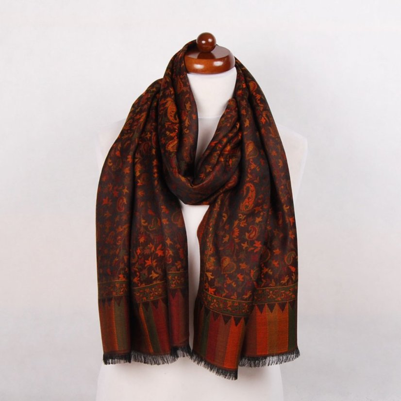 Schal aus Viskose und Seide Khani Jamawar schwarz mit Kupfer-Farbe