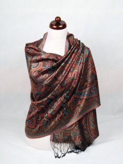 Hedvábná šála Super velká černá s červenou a tyrkysovou