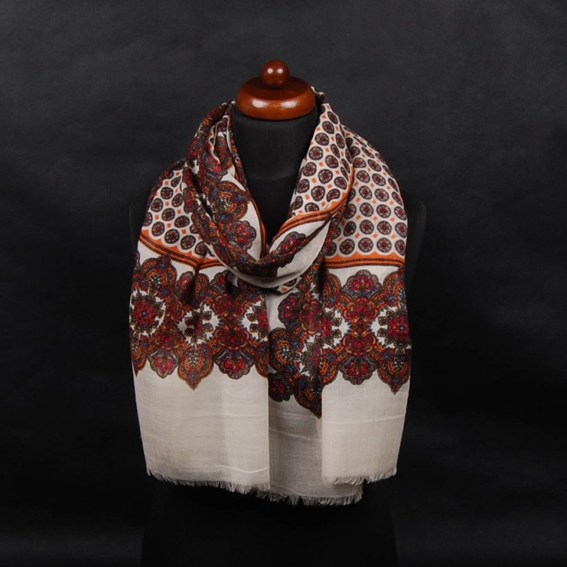 Kaschmirische Pashmina mit Aufdruck schwarz-cremefarben-dunkelrot