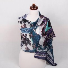 Hedvábná šála s potiskem tmavě modro-bílá s tmavě zelenou