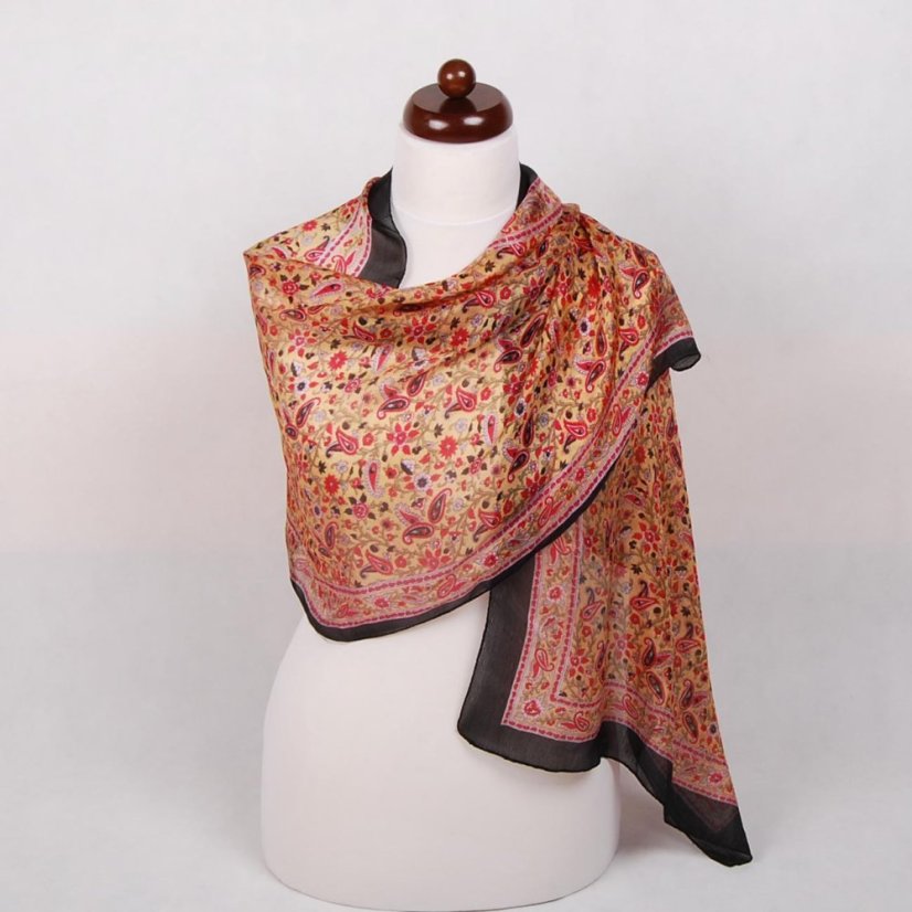 Hedvábná šála s potiskem světle oranžová s červenou a černou