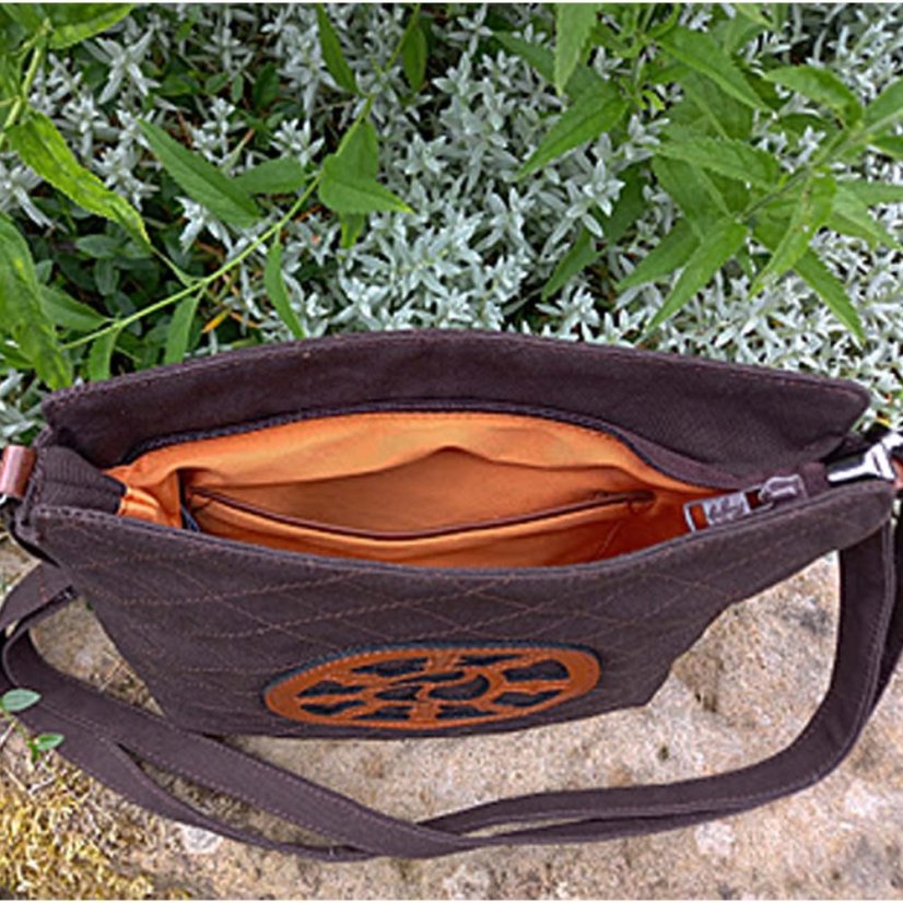 Tibetische Handtasche crossbody Tharpa Khorlo dunkelbraun