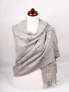 Šál z merino vlny s vyšívaním šedý s šedohnedou farbou