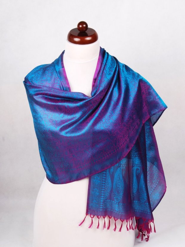 Seidenschal aus Varanasi in Magenta mit Türkis