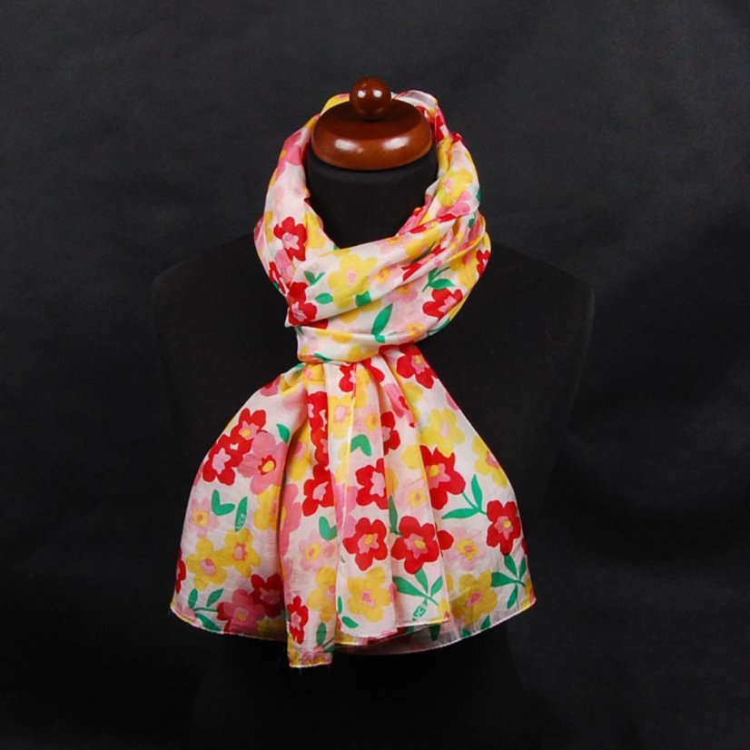 Hedvábná šála s potiskem velká se žlutou a růžovou