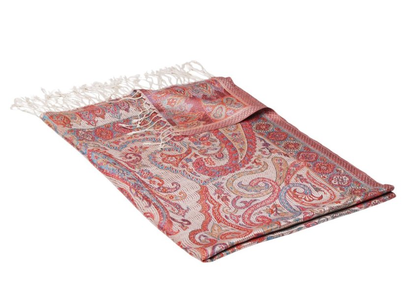 Seidenschal Super groß cremefarben mit Rot und Blau