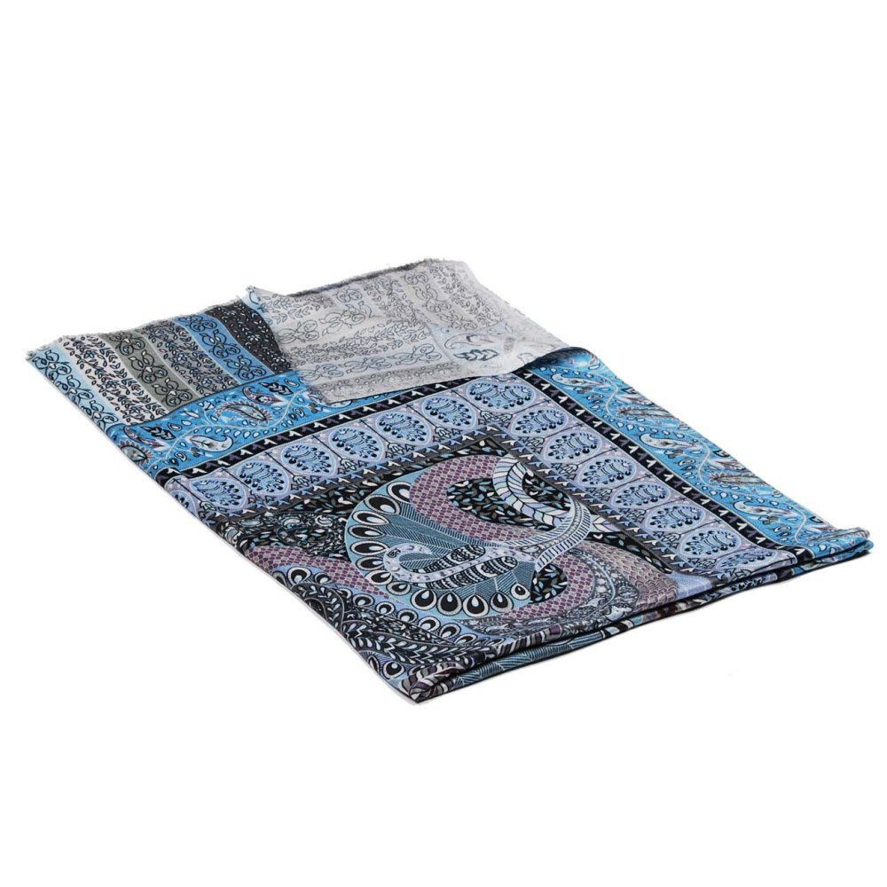 Šála z viskózy a hedvábí s potiskem se světle modrou a šedou