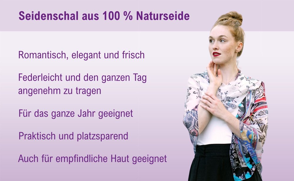 Großer Seidenschal mit Blumenmuster weiß mit Schwarz und Rot