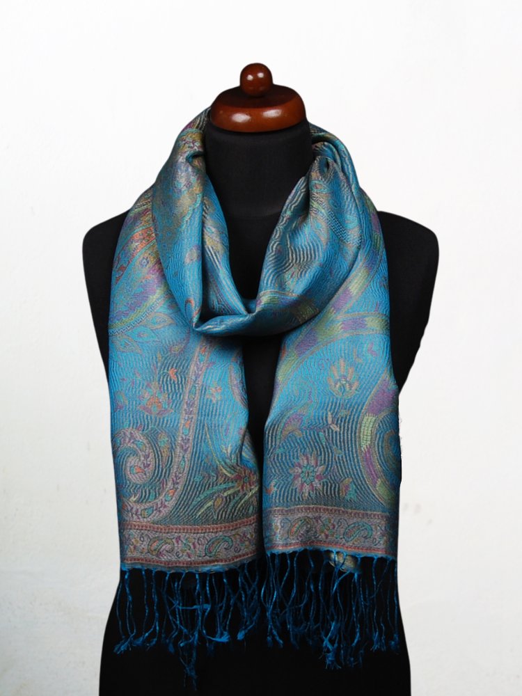 Hedvábná šála Super střední Tenzin tmavě tyrkysová se žlutou a růžovou