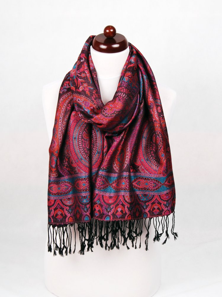 Hedvábná šála Super velká černá s magentou a oranžovou