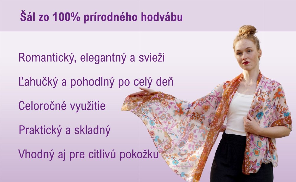 Veľký hodvábny šál s kvetinovým vzorom biely s hnedou a fialovou