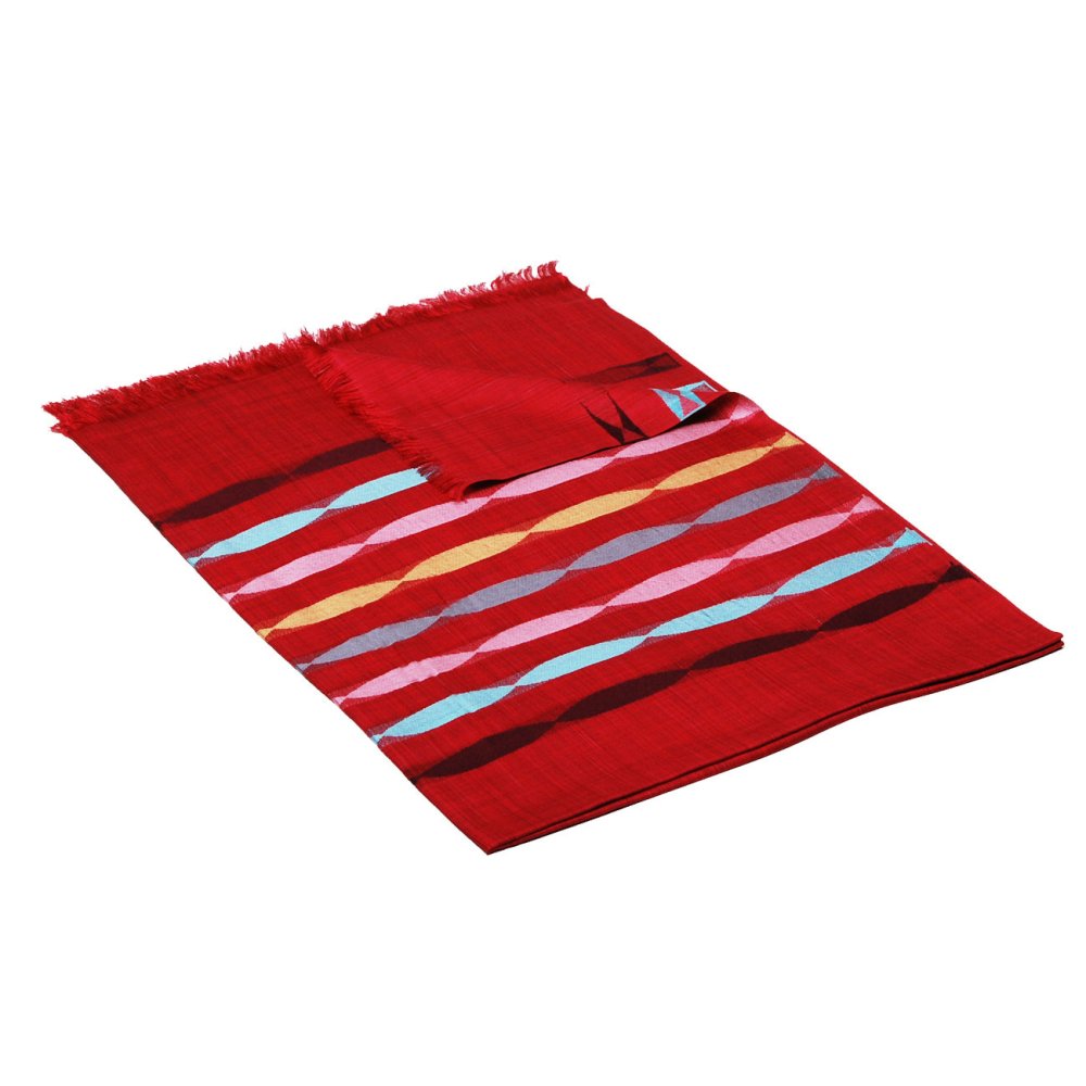 Šála z viskózy a hedvábí s pruhy červená se světle tyrkysovou