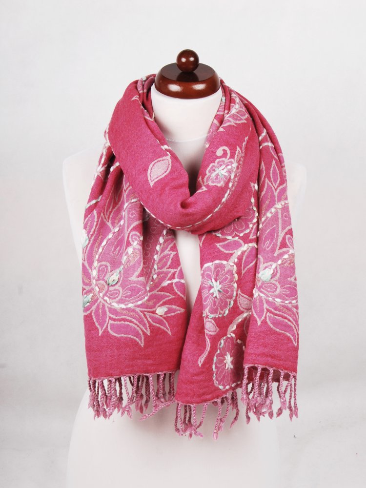 Šála z merino vlny s vyšíváním růžová