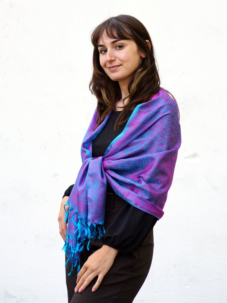 Hedvábná šála z Váránasí tyrkysovo-fialová