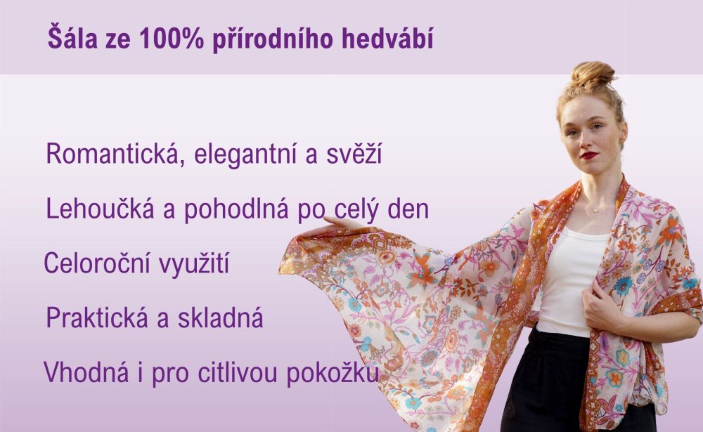 Velká hedvábná šála s květinovým vzorem bílá s hnědou a fialovou