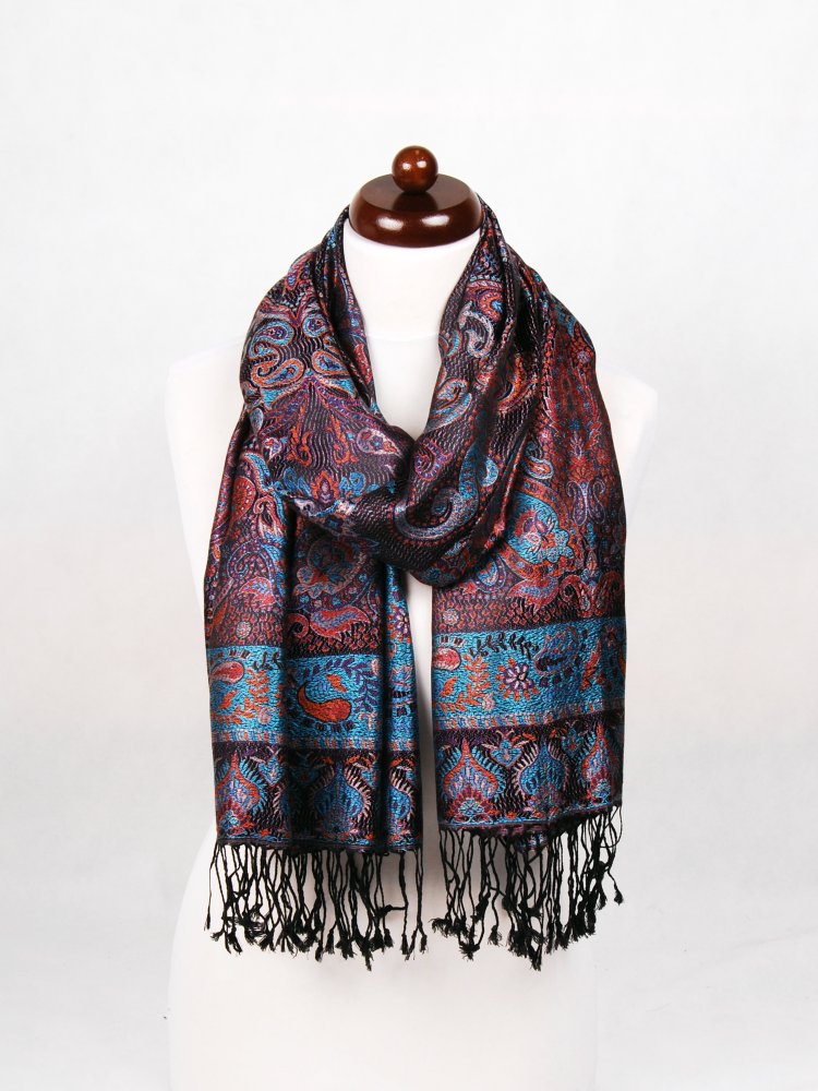 Hedvábná šála Super velká černá s oranžovou a tyrkysovou