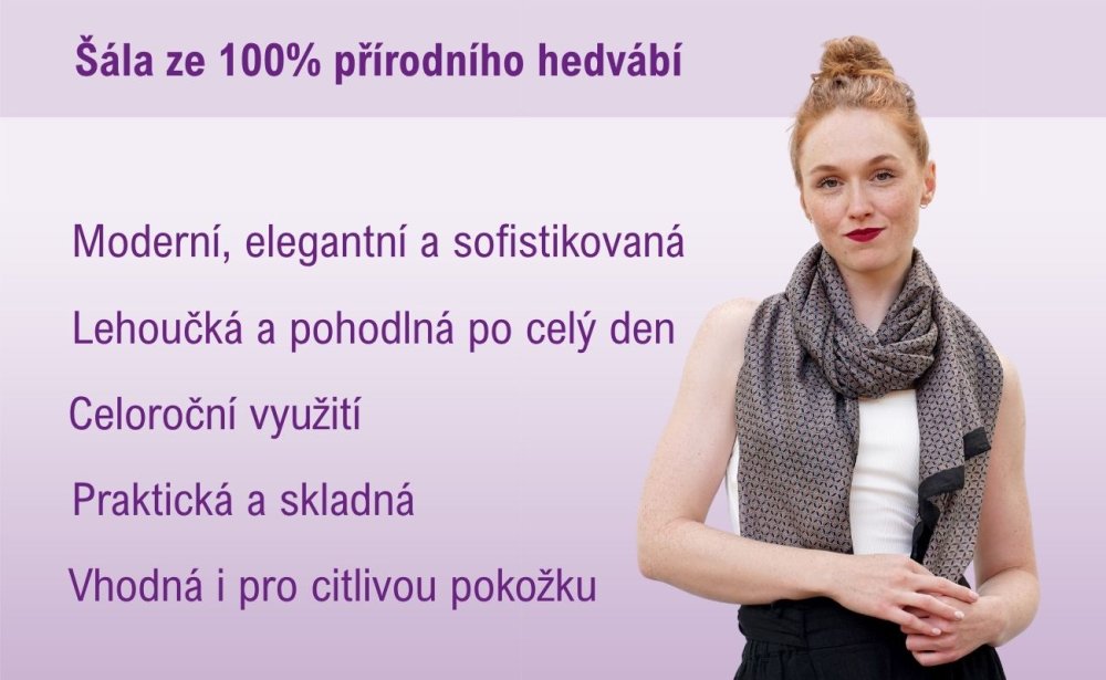 Velká hedvábná šála s geometrickým vzorem šedo-černá s oranžovou
