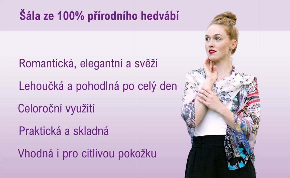 Velká hedvábná šála s květinovým vzorem bílá s černou a červenou