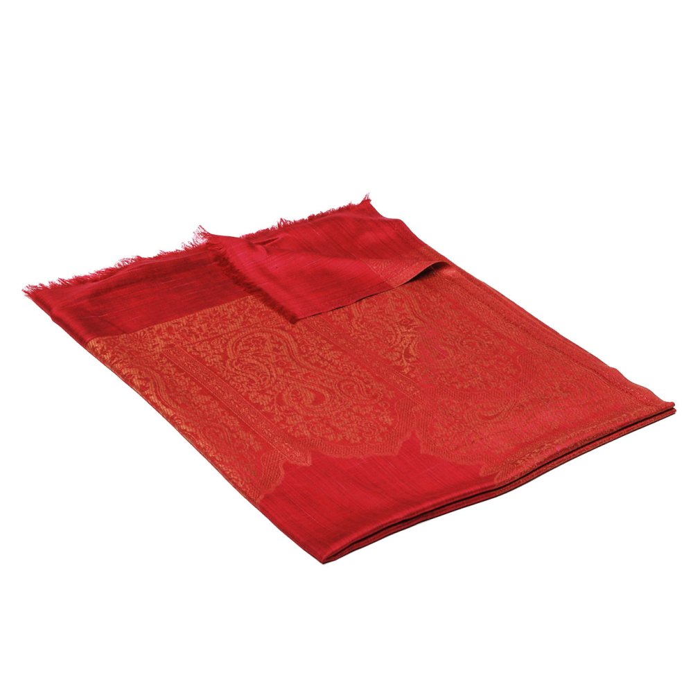 Šála z viskózy a hedvábí s ornamenty tmavě červená se zlatou