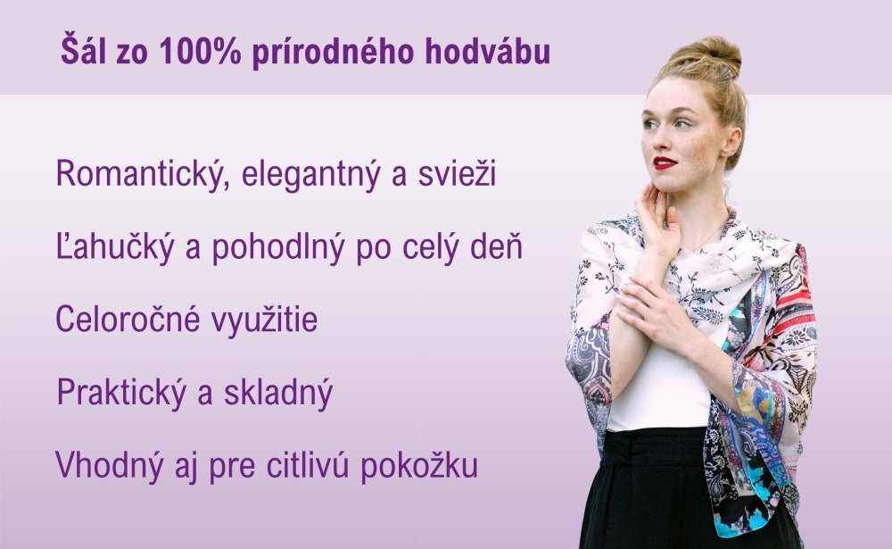 Veľký hodvábny šál s kvetinovým vzorom biely s čiernou a červenou