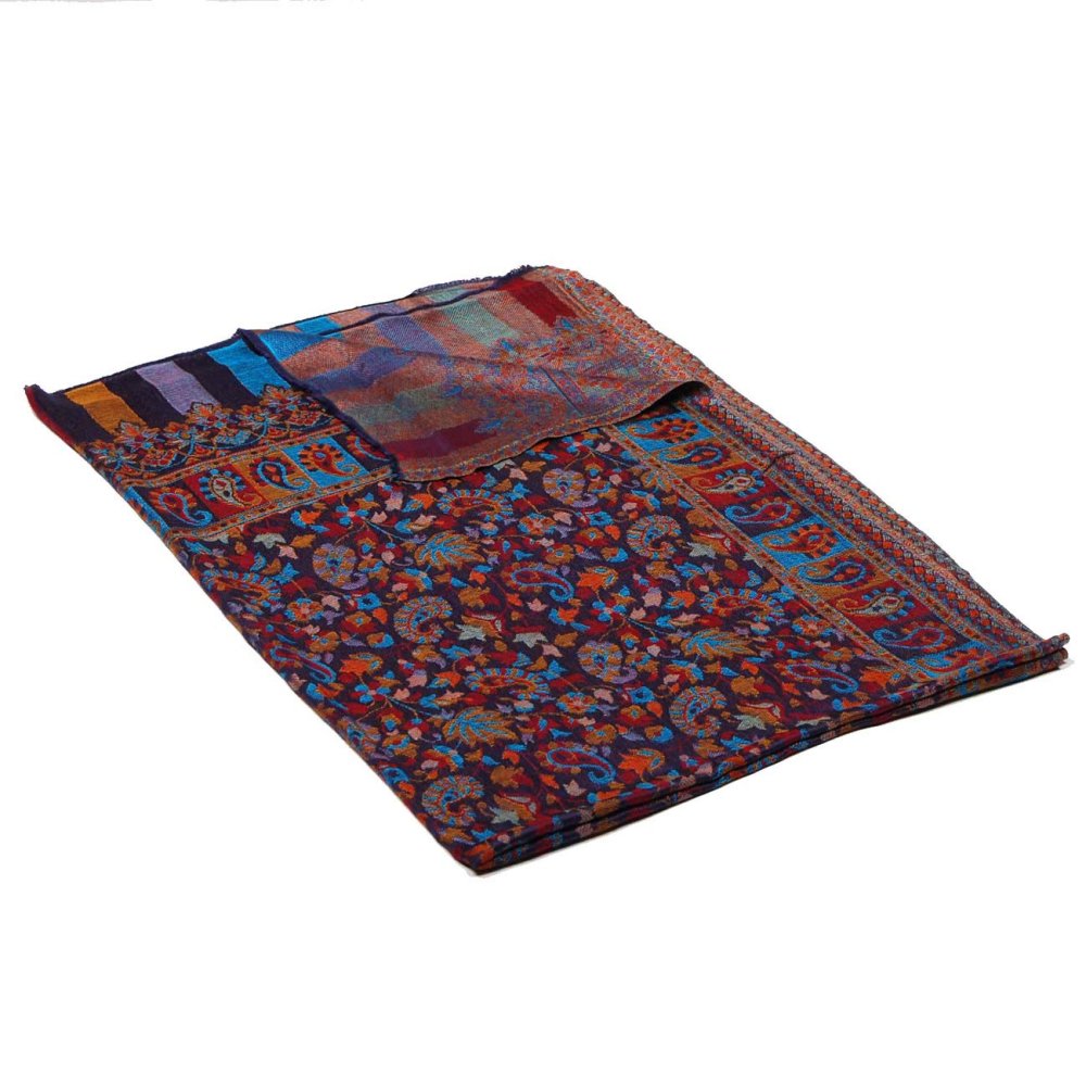 Šála z viskózy a hedvábí Khani Jamavar tmavě modrá se žlutou