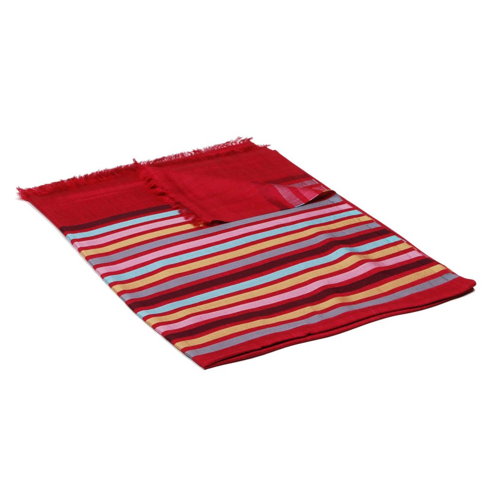 Šála z viskózy a hedvábí s pruhy červená se světle tyrkysovou a zlatou